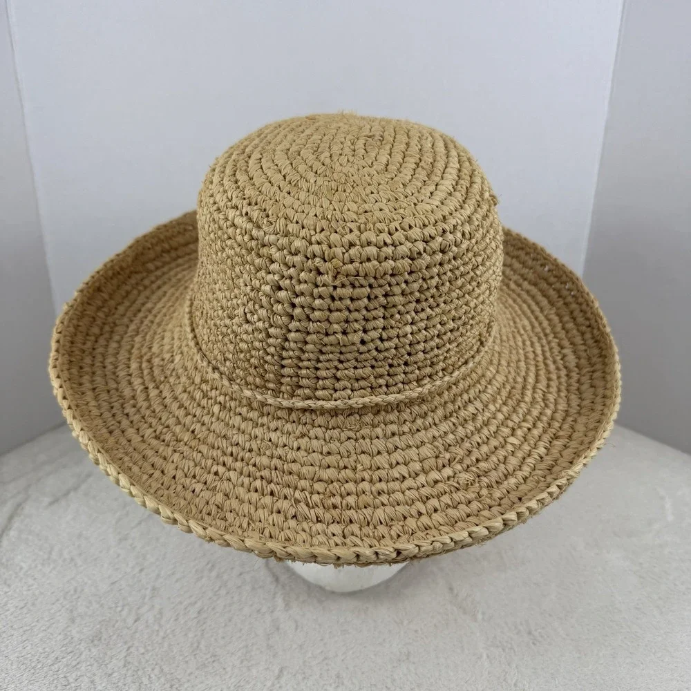 Scala Crocheted Twisted Raffia Straw Boater Hat with Drawstring One Size Natural